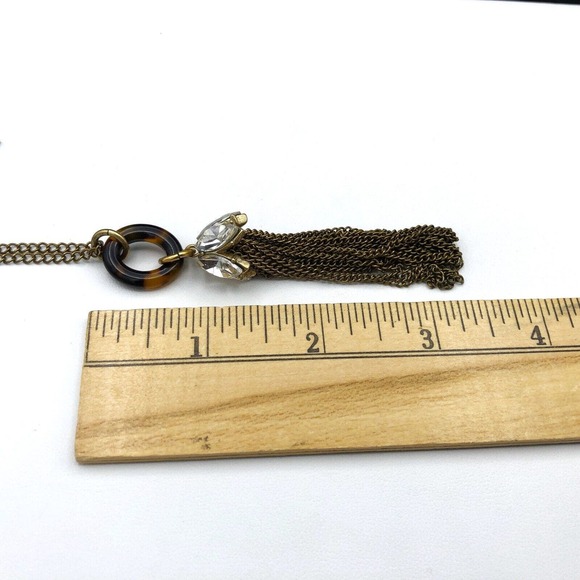 J.Crew Necklace 34" Faux Tortoise Shell Rhinestone Capped Tassel Chain Pendant - Picture 6 of 6